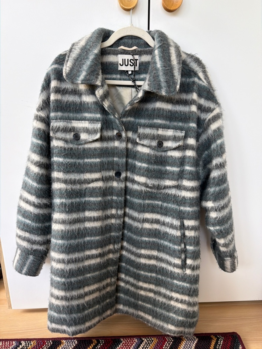 Just Female Gray & White Striped Teddy Jacket